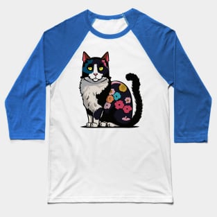 Black and White Flower Cat Baseball T-Shirt